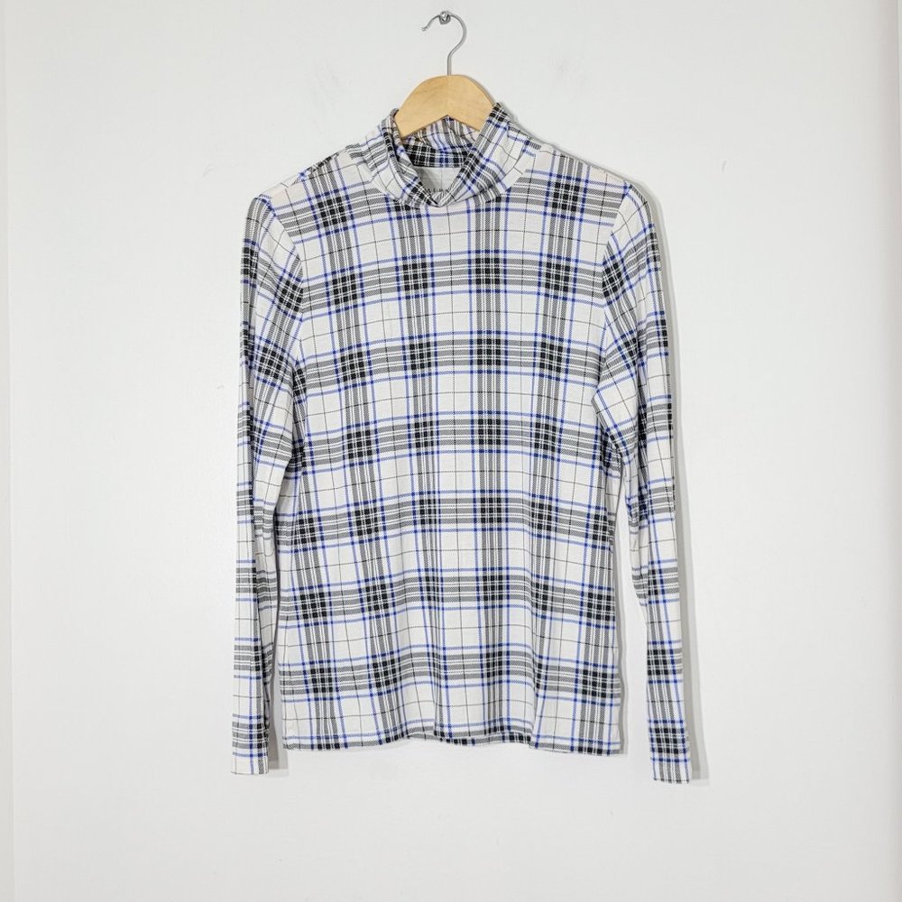 Talbots Therma Warmth Turtleneck White Blue Black Plaid Stretch Long Sleeve Med